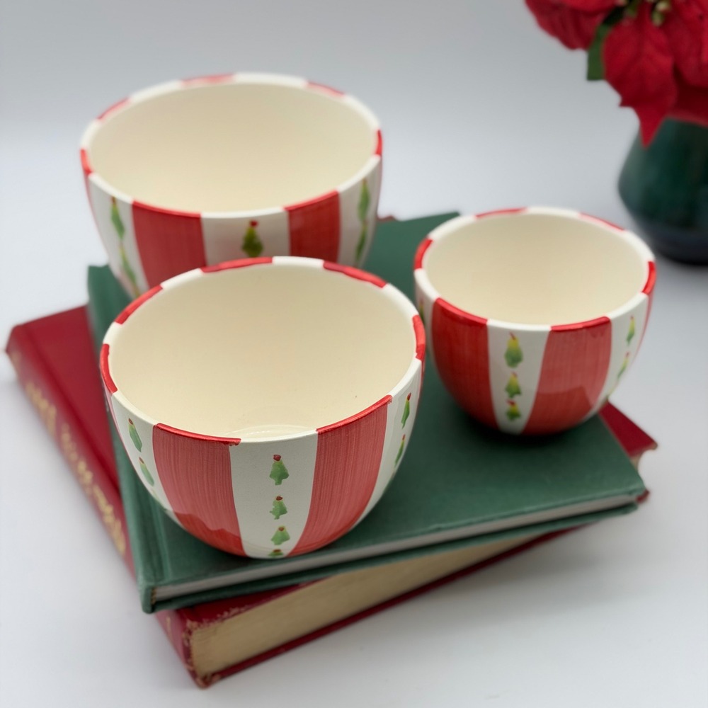 Nantucket Home Christmas Striped Ceramic Nesting Bowls Set of 3 Holiday Decor
